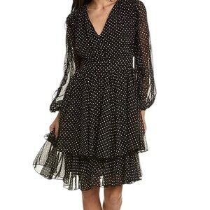 Elie Tahari Sophia Black Ruffle Polka Dot Long Sleeve Chiffon Midi Dress